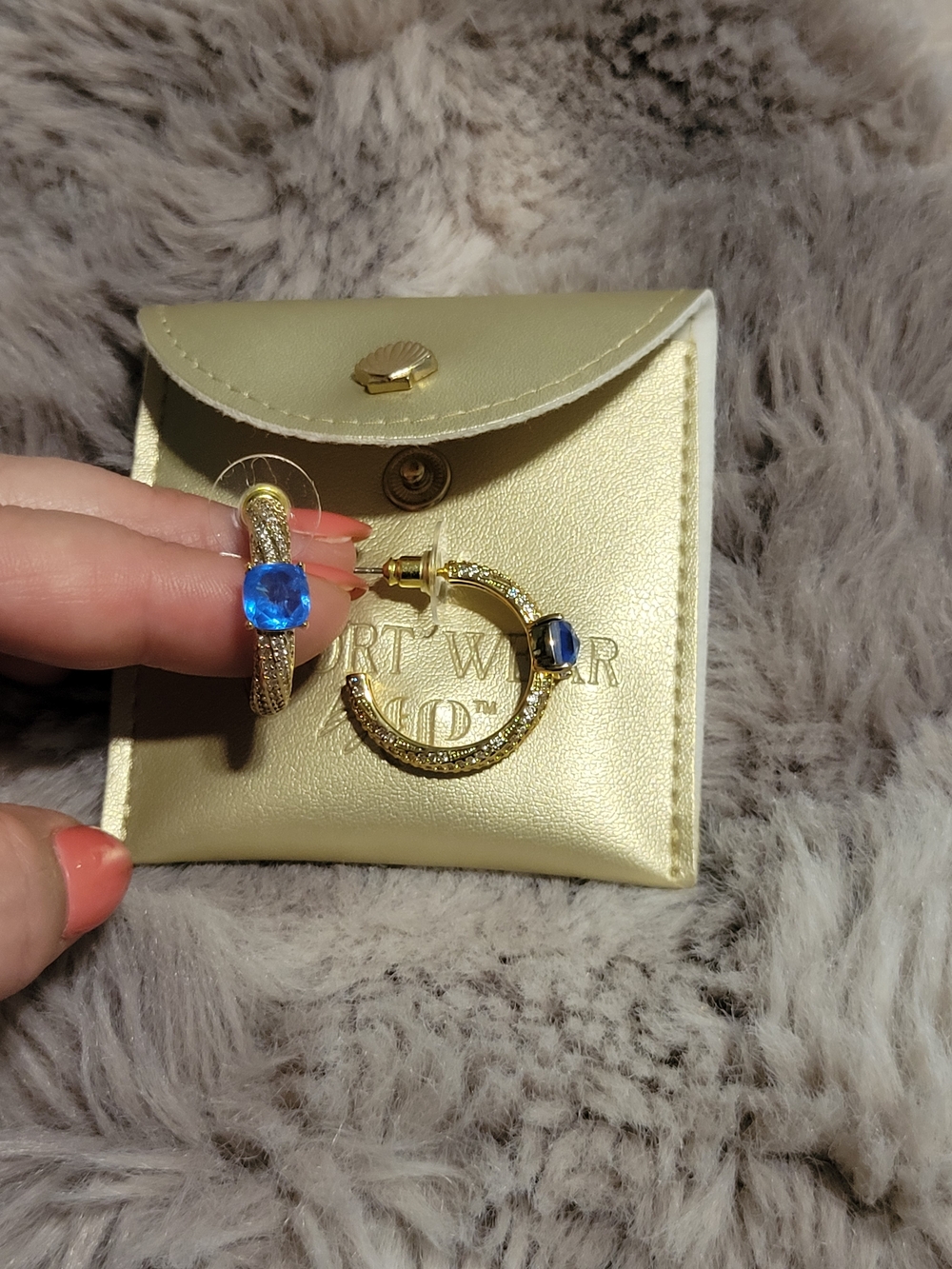 Gold Hoop Earrings with Blue Gemstone - Unknown Brand